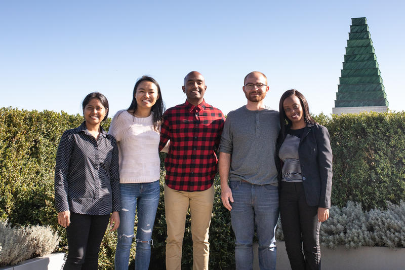 group shot of 2019-20 Skoll Scholars. from left to right: Anjali Sarker, Tsechu Dolma, Rangan Srikhanta, Joaquin Viquez and Diana Wangari
